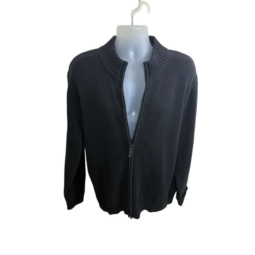 Lands End Cardigan Mens Size Large Navy Full Zip 100% Wool‎ Minimalist Classic